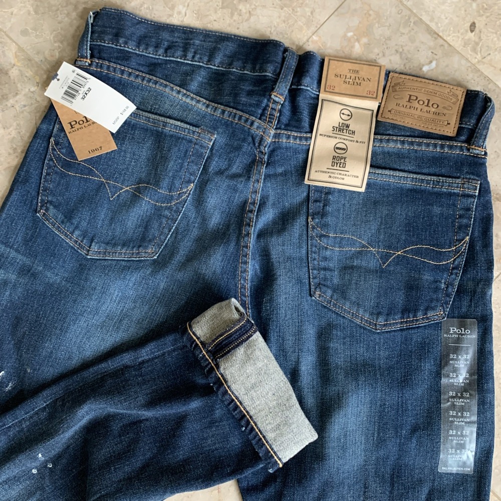 Polo Ralph Lauren Mens Sullivan Slim Paint Distressed Blue Denim Jeans 32x32 NWT